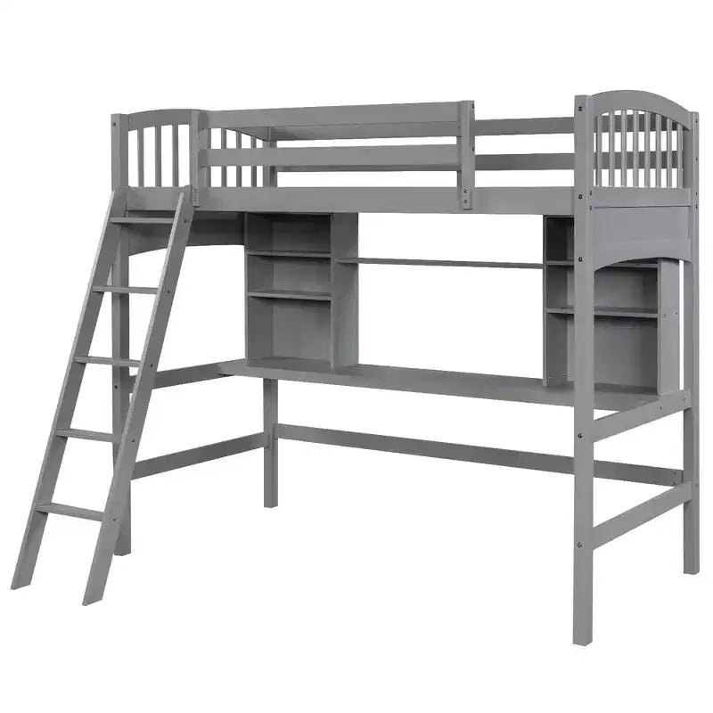 Whisen Twin size Loft Bed, Bed Frame with Storage Shelves, Full-length Guardrail, Desk and Ladder