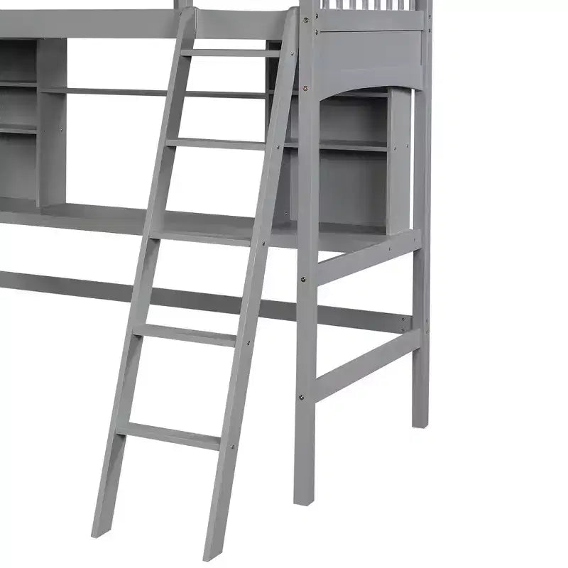 Whisen Twin size Loft Bed, Bed Frame with Storage Shelves, Full-length Guardrail, Desk and Ladder