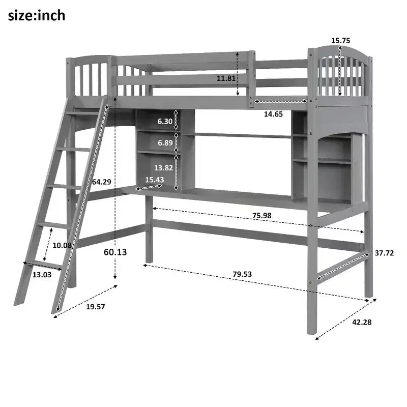 Whisen Twin size Loft Bed, Bed Frame with Storage Shelves, Full-length Guardrail, Desk and Ladder