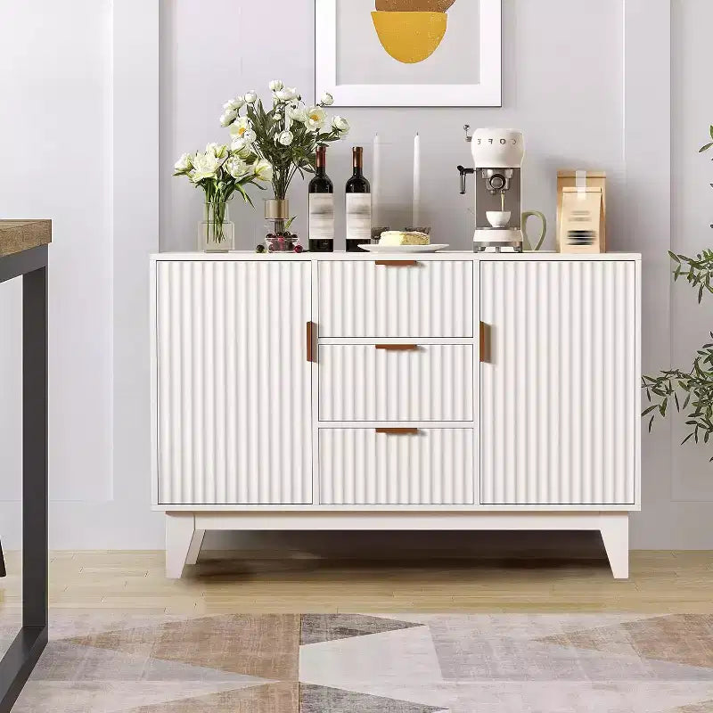 47.2 Mid-Century Sideboard Buffet Cabinet with Fluted Doors, Gold Handles, 3 Drawers & Adjustable Shelves, Coffee Bar for Living Room Kitchen