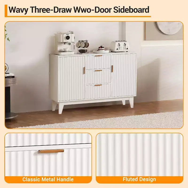 47.2 Mid-Century Sideboard Buffet Cabinet with Fluted Doors, Gold Handles, 3 Drawers & Adjustable Shelves, Coffee Bar for Living Room Kitchen