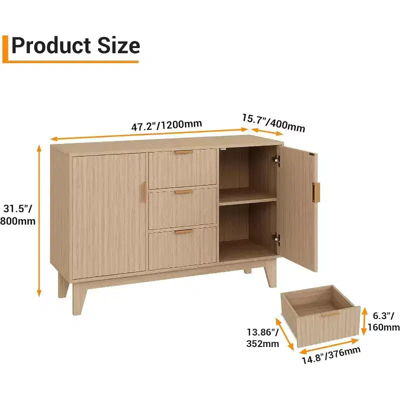 47.2 Mid-Century Sideboard Buffet Cabinet with Fluted Doors, Gold Handles, 3 Drawers & Adjustable Shelves, Coffee Bar for Living Room Kitchen