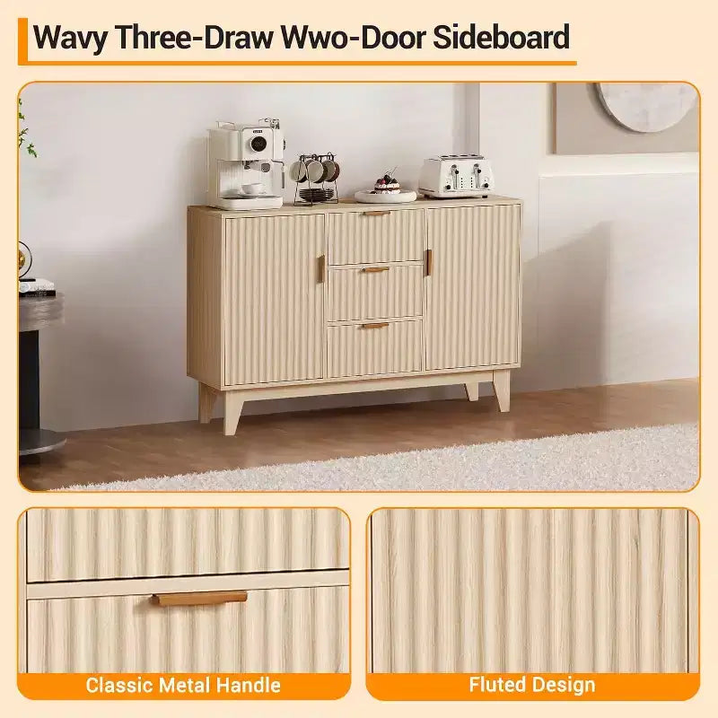 47.2 Mid-Century Sideboard Buffet Cabinet with Fluted Doors, Gold Handles, 3 Drawers & Adjustable Shelves, Coffee Bar for Living Room Kitchen