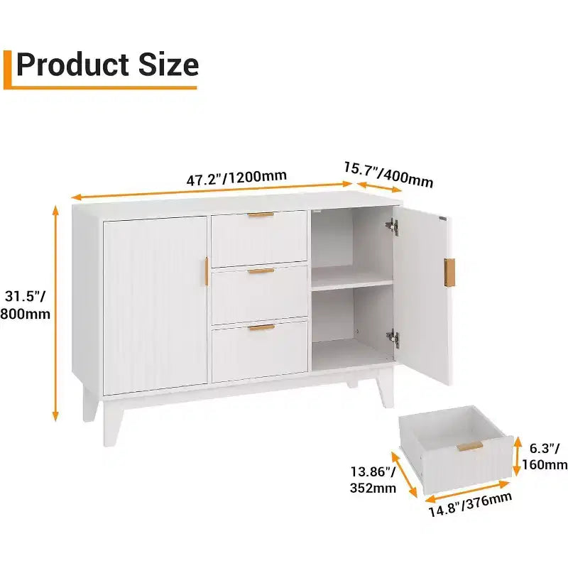 47.2 Mid-Century Sideboard Buffet Cabinet with Fluted Doors, Gold Handles, 3 Drawers & Adjustable Shelves, Coffee Bar for Living Room Kitchen