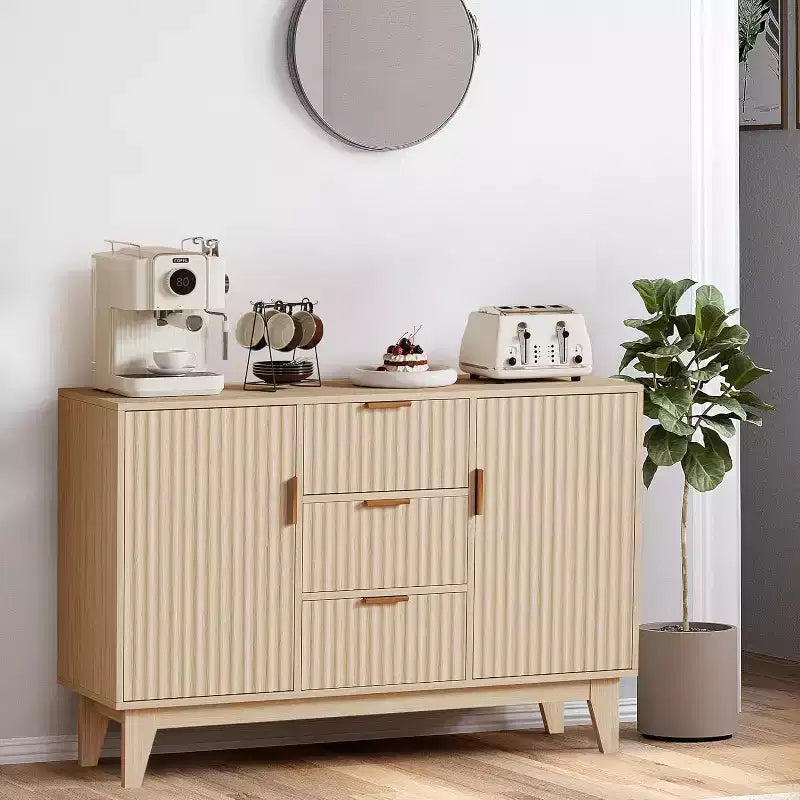 47.2 Mid-Century Sideboard Buffet Cabinet with Fluted Doors, Gold Handles, 3 Drawers & Adjustable Shelves, Coffee Bar for Living Room Kitchen