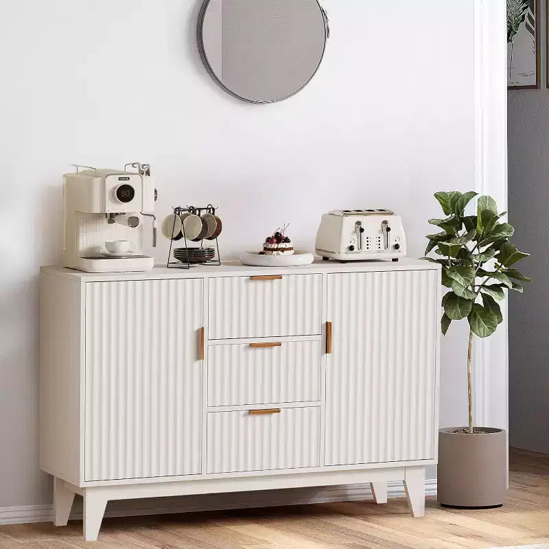 47.2 Mid-Century Sideboard Buffet Cabinet with Fluted Doors, Gold Handles, 3 Drawers & Adjustable Shelves, Coffee Bar for Living Room Kitchen