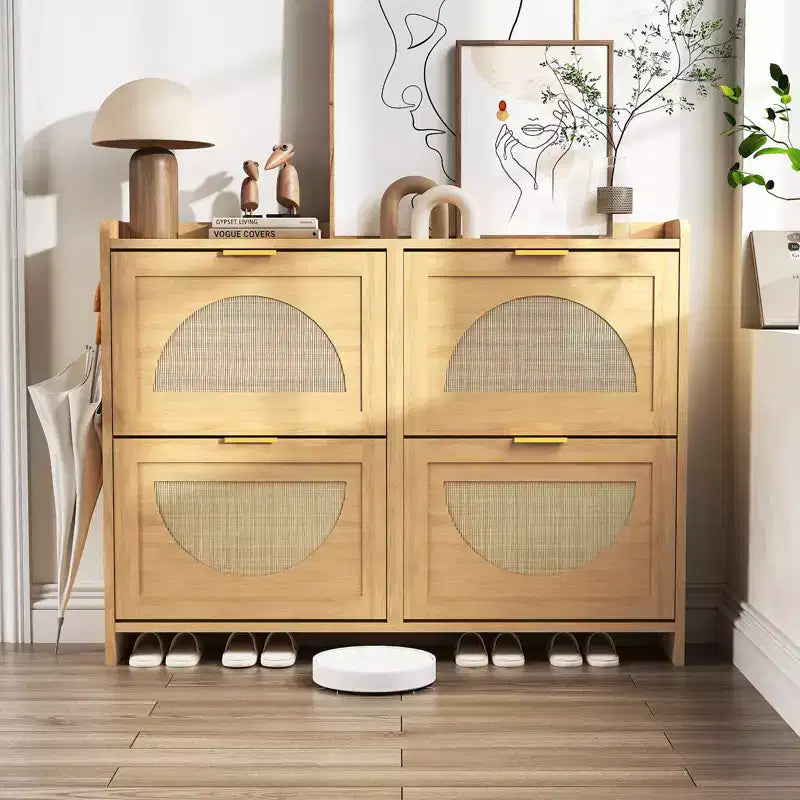 Rattan Shoe Storage Cabinet with 4 Flip Drawers, Free Standing Wooden Shoe Storage Organizer Cabinet