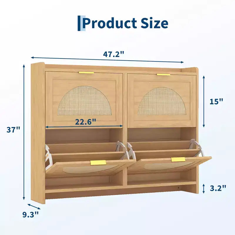 Rattan Shoe Storage Cabinet with 4 Flip Drawers, Free Standing Wooden Shoe Storage Organizer Cabinet