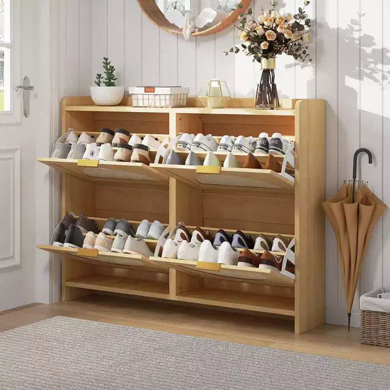 Rattan Shoe Storage Cabinet with 4 Flip Drawers, Free Standing Wooden Shoe Storage Organizer Cabinet