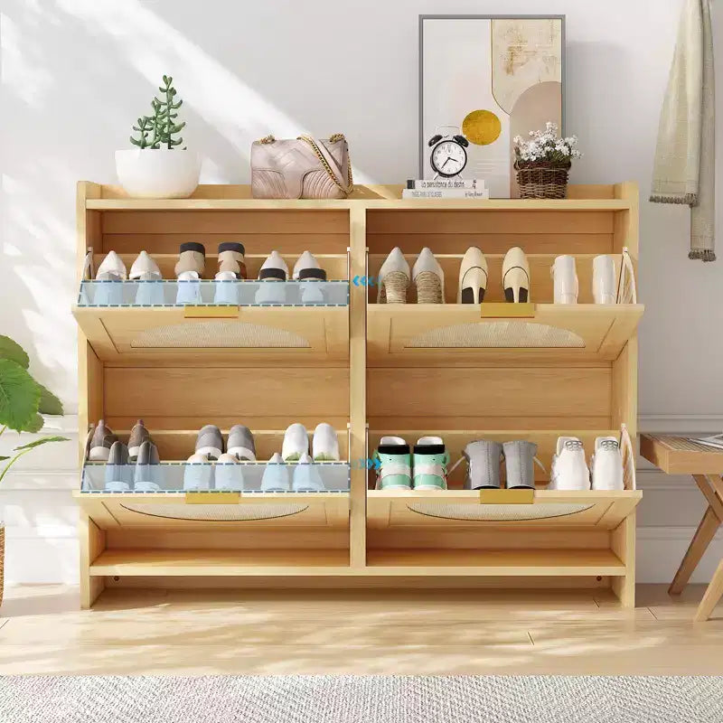 Rattan Shoe Storage Cabinet with 4 Flip Drawers, Free Standing Wooden Shoe Storage Organizer Cabinet