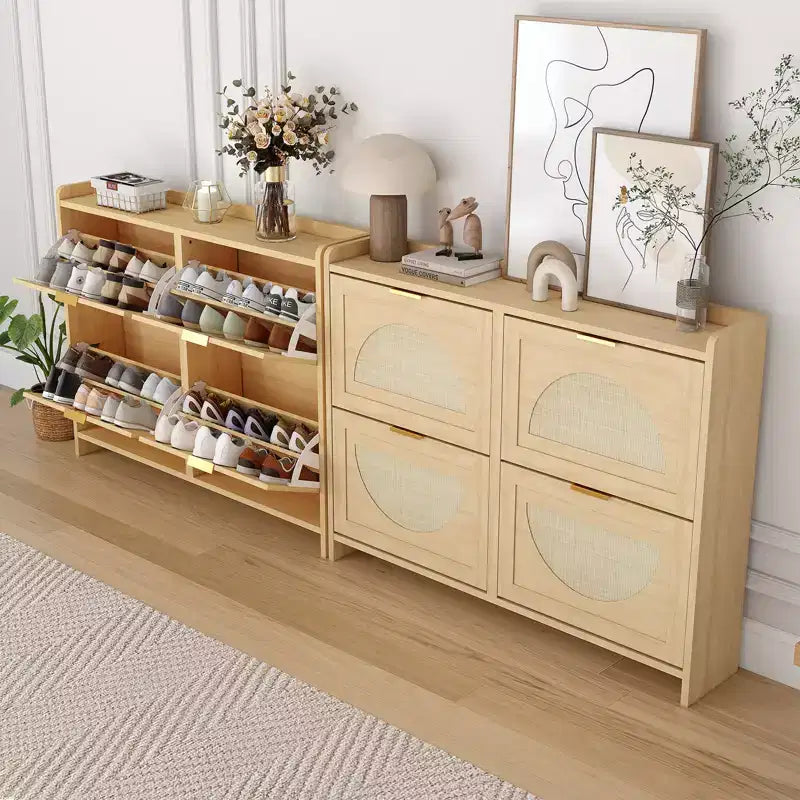 Rattan Shoe Storage Cabinet with 4 Flip Drawers, Free Standing Wooden Shoe Storage Organizer Cabinet