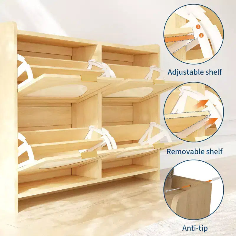Rattan Shoe Storage Cabinet with 4 Flip Drawers, Free Standing Wooden Shoe Storage Organizer Cabinet