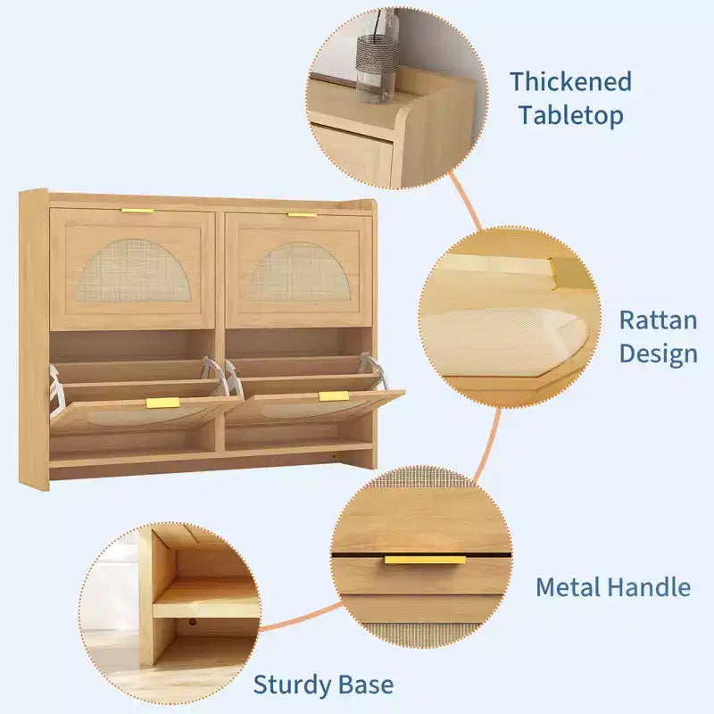 Rattan Shoe Storage Cabinet with 4 Flip Drawers, Free Standing Wooden Shoe Storage Organizer Cabinet