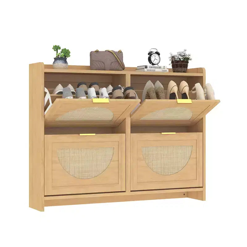 Rattan Shoe Storage Cabinet with 4 Flip Drawers, Free Standing Wooden Shoe Storage Organizer Cabinet