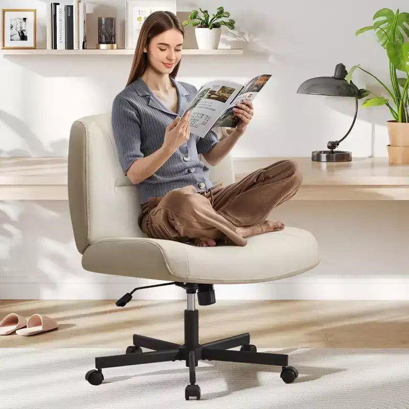 Furniliving Armless Home Office Desk Chair, Comfy Criss Cross Legged with Wheels, Adjustable Height & Tilt for Home Office/Bedroom