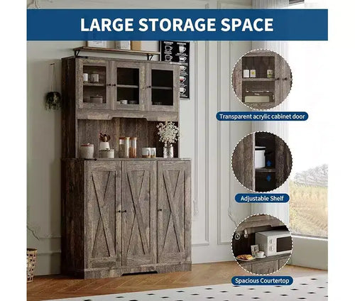 Brown Kitchen Pantry Cabinet with Charging Station, Farmhouse Freestanding Kitchen Hutch Cupboard Storage Cabinet with Countertop for Living Room