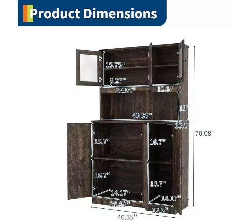 Brown Kitchen Pantry Cabinet with Charging Station, Farmhouse Freestanding Kitchen Hutch Cupboard Storage Cabinet with Countertop for Living Room