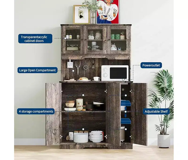 Brown Kitchen Pantry Cabinet with Charging Station, Farmhouse Freestanding Kitchen Hutch Cupboard Storage Cabinet with Countertop for Living Room