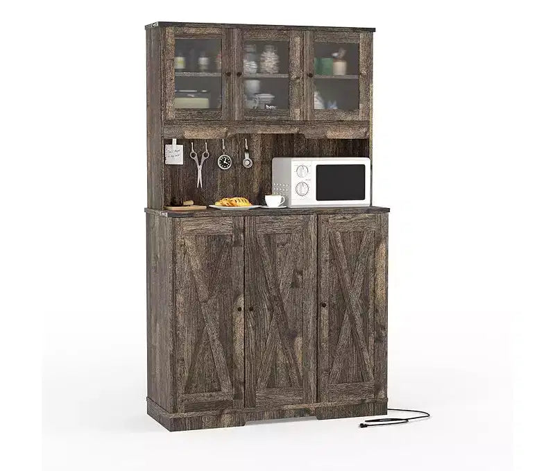 Brown Kitchen Pantry Cabinet with Charging Station, Farmhouse Freestanding Kitchen Hutch Cupboard Storage Cabinet with Countertop for Living Room