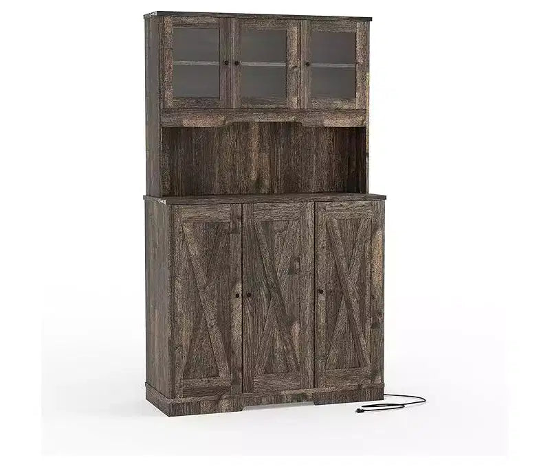 Brown Kitchen Pantry Cabinet with Charging Station, Farmhouse Freestanding Kitchen Hutch Cupboard Storage Cabinet with Countertop for Living Room