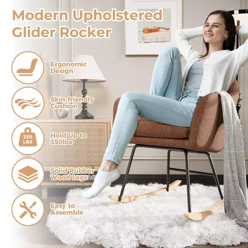 Nursery Rocking Chair, Upholstered Glider Rocker with Cozy Cushion Armchair, Modern Rocking Accent Chairs with Rubber Wood Leg for Living Room