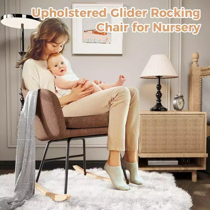 Nursery Rocking Chair, Upholstered Glider Rocker with Cozy Cushion Armchair, Modern Rocking Accent Chairs with Rubber Wood Leg for Living Room
