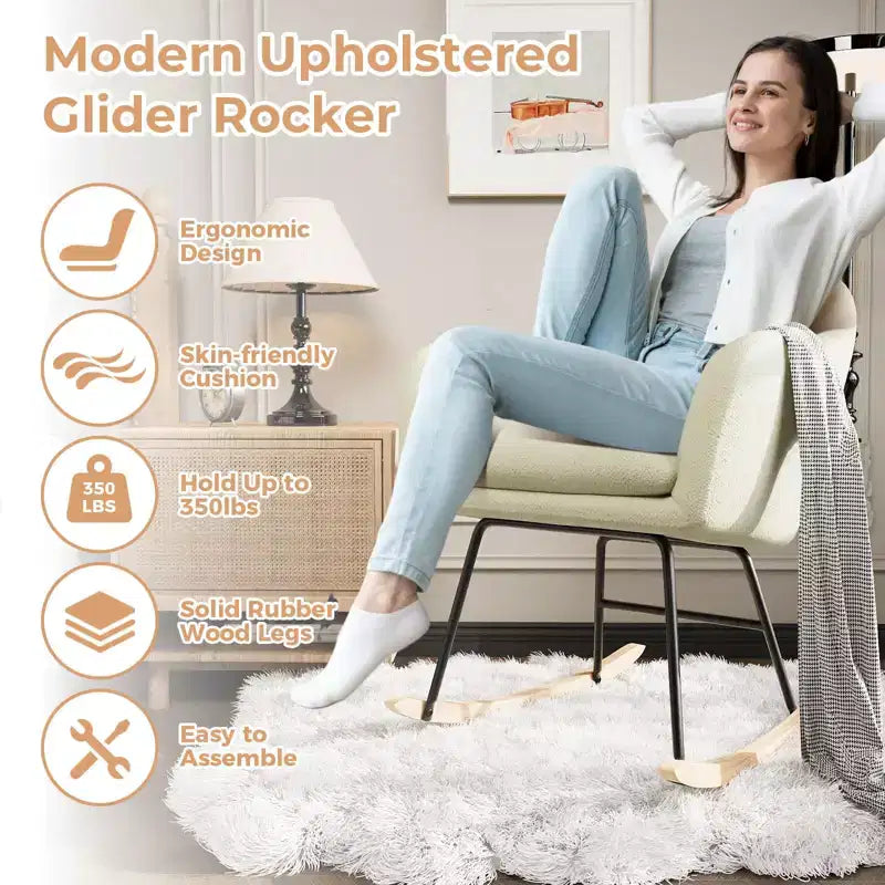 Nursery Rocking Chair, Upholstered Glider Rocker with Cozy Cushion Armchair, Modern Rocking Accent Chairs with Rubber Wood Leg for Living Room