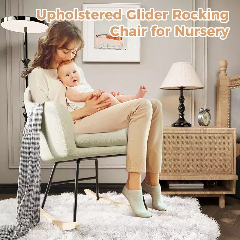 Nursery Rocking Chair, Upholstered Glider Rocker with Cozy Cushion Armchair, Modern Rocking Accent Chairs with Rubber Wood Leg for Living Room