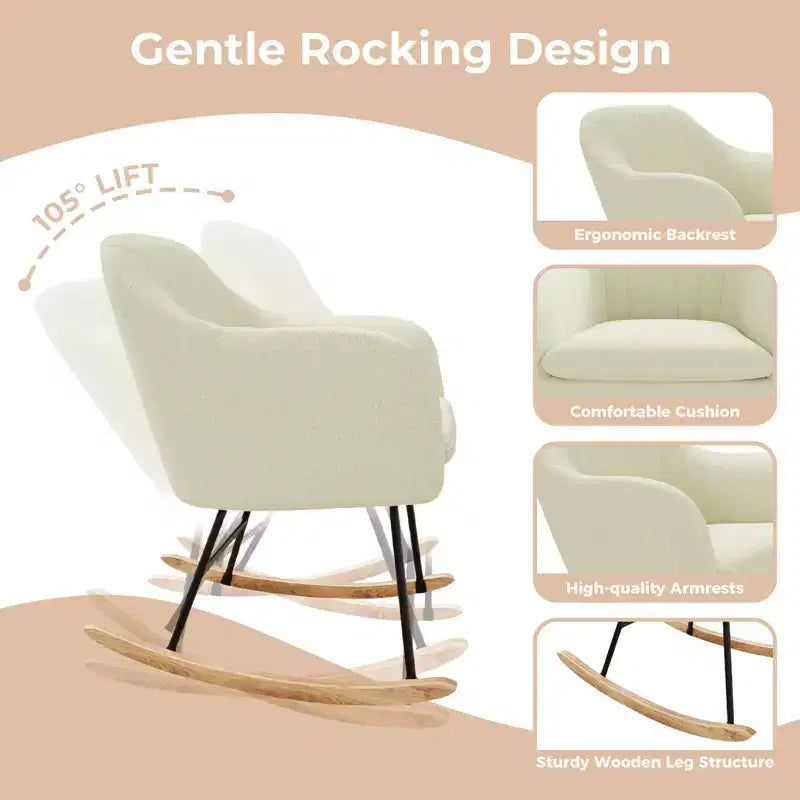Nursery Rocking Chair, Upholstered Glider Rocker with Cozy Cushion Armchair, Modern Rocking Accent Chairs with Rubber Wood Leg for Living Room