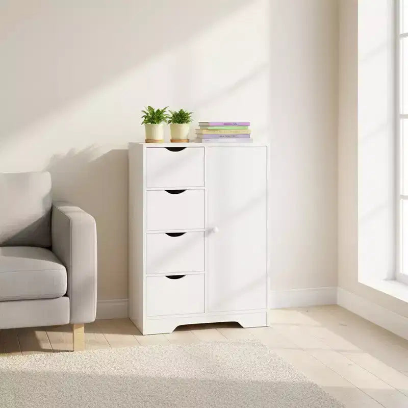 Homy Casa Storage Cabinet with 4 Drawers and Side Door, White