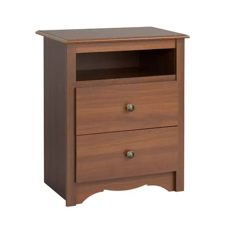 Open Shelf Nightstand Cherry - Monterey: Traditional MDF Frame, Metal Glides, 2 Drawers, 1 Shelf, 75 lb Capacity