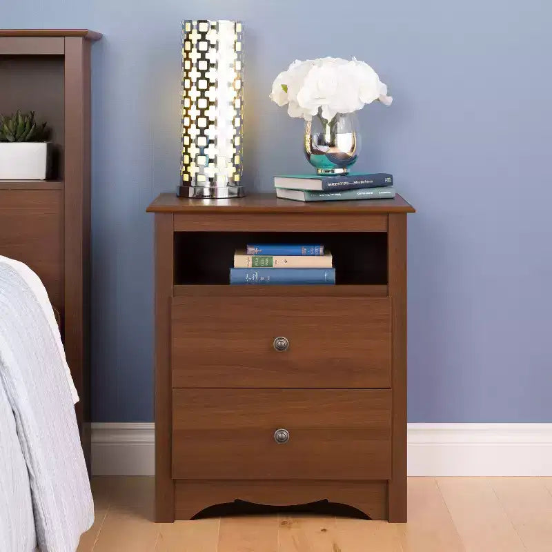 Open Shelf Nightstand Cherry - Monterey: Traditional MDF Frame, Metal Glides, 2 Drawers, 1 Shelf, 75 lb Capacity