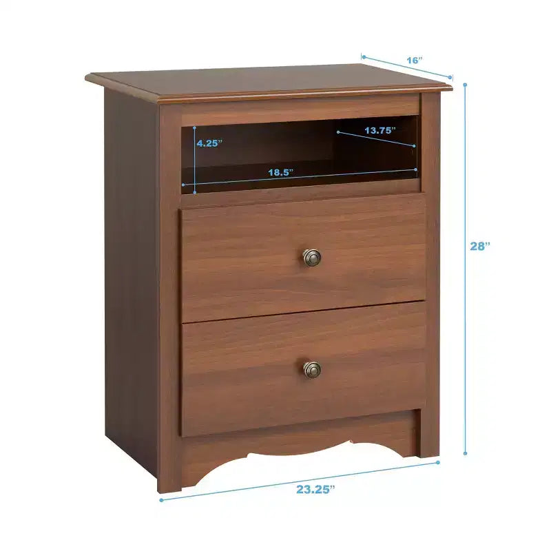Open Shelf Nightstand Cherry - Monterey: Traditional MDF Frame, Metal Glides, 2 Drawers, 1 Shelf, 75 lb Capacity