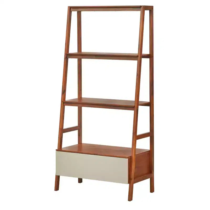 Lifestorey 71" Nordic Mid Century Modern Ladder Bookcase with Drawer Walnut