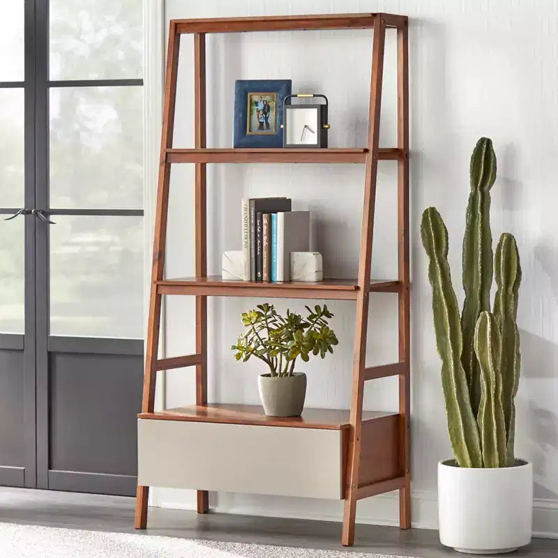 Lifestorey 71" Nordic Mid Century Modern Ladder Bookcase with Drawer Walnut