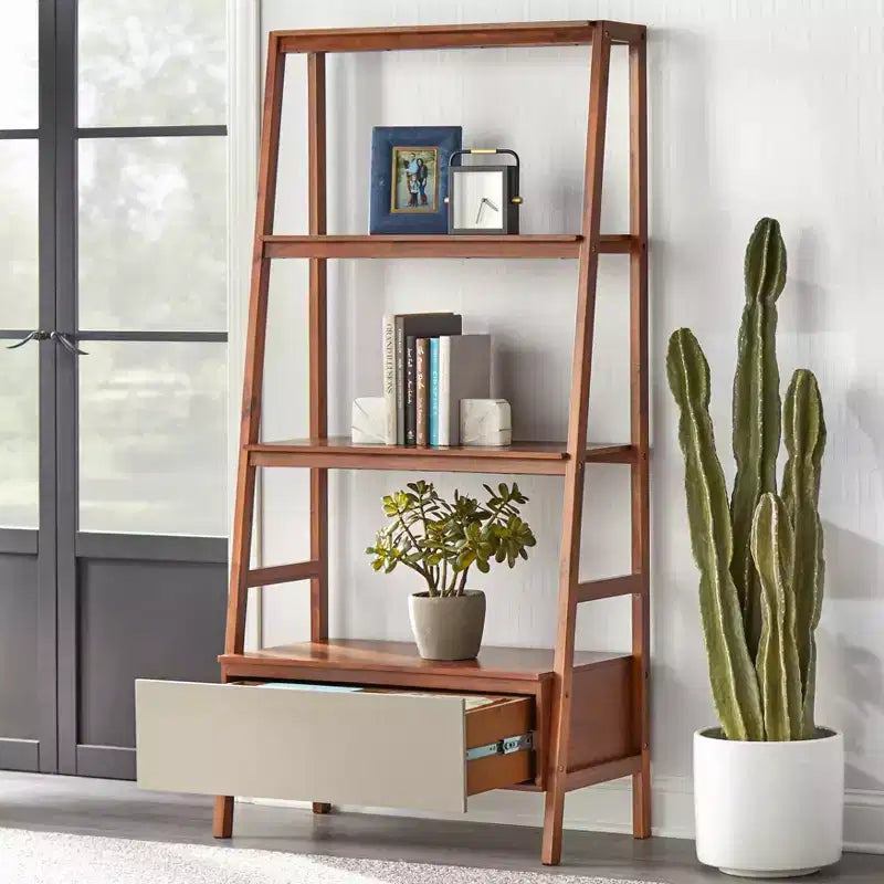 Lifestorey 71" Nordic Mid Century Modern Ladder Bookcase with Drawer Walnut