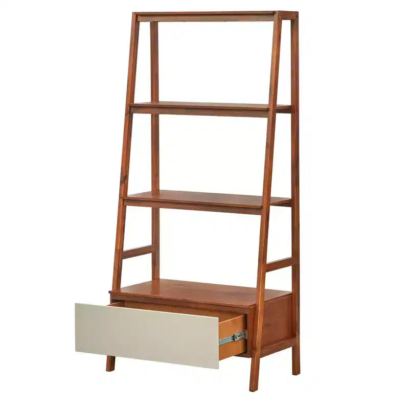 Lifestorey 71" Nordic Mid Century Modern Ladder Bookcase with Drawer Walnut