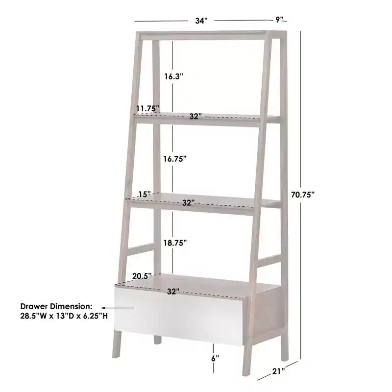 Lifestorey 71" Nordic Mid Century Modern Ladder Bookcase with Drawer Walnut